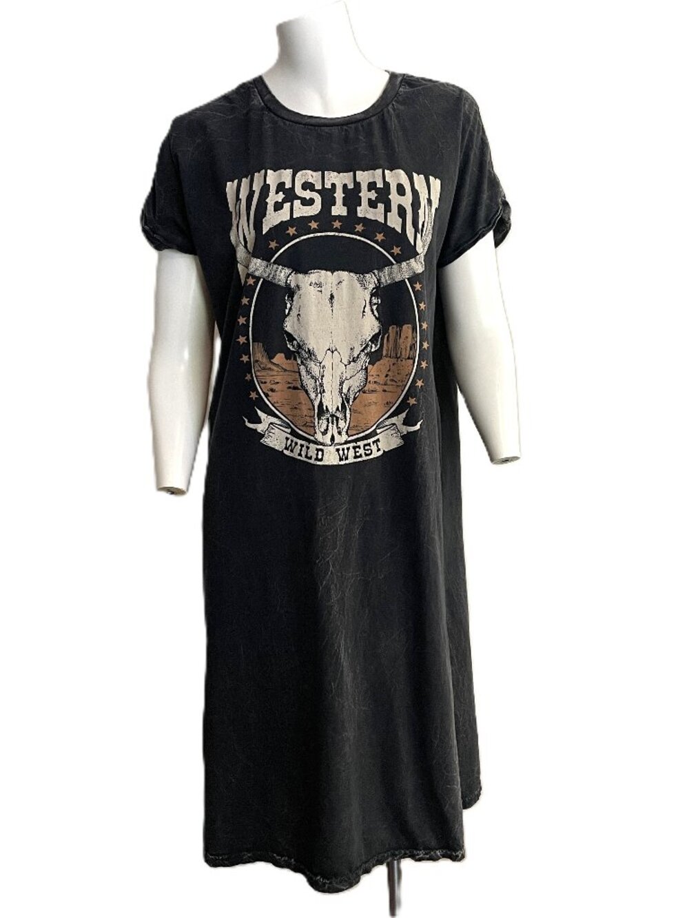 Hrt & Luv Western T Shirt Dress Large Skull Wild West Faded USA Made Side Slits